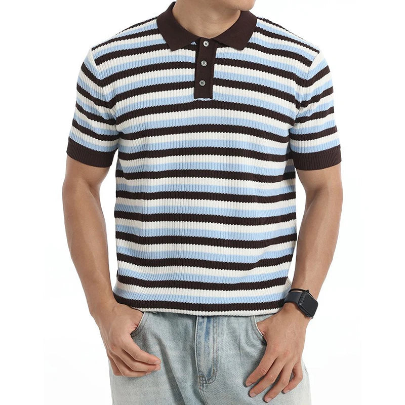 Button Placket Striped T Shirt Men