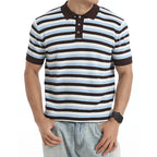 Button Placket Striped T Shirt Men