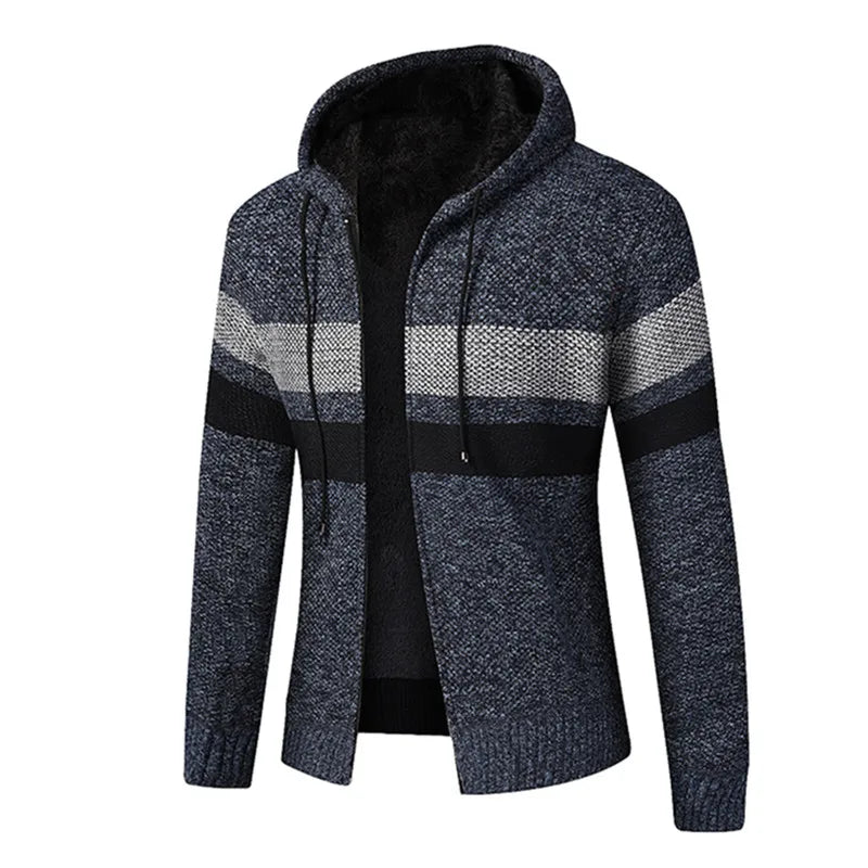 Men's Knitted Zip Up Hoodie – Long Sleeve Hooded Jumper with Stripe Detail