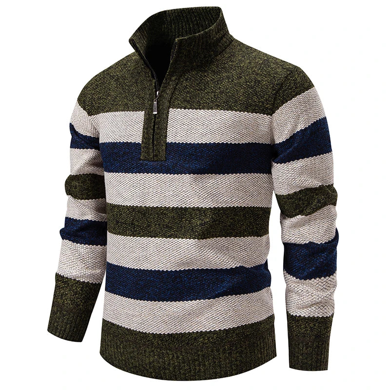 Men's Knitted Striped Quarter-Zip Jumper – Long Sleeve High Neck Pullover