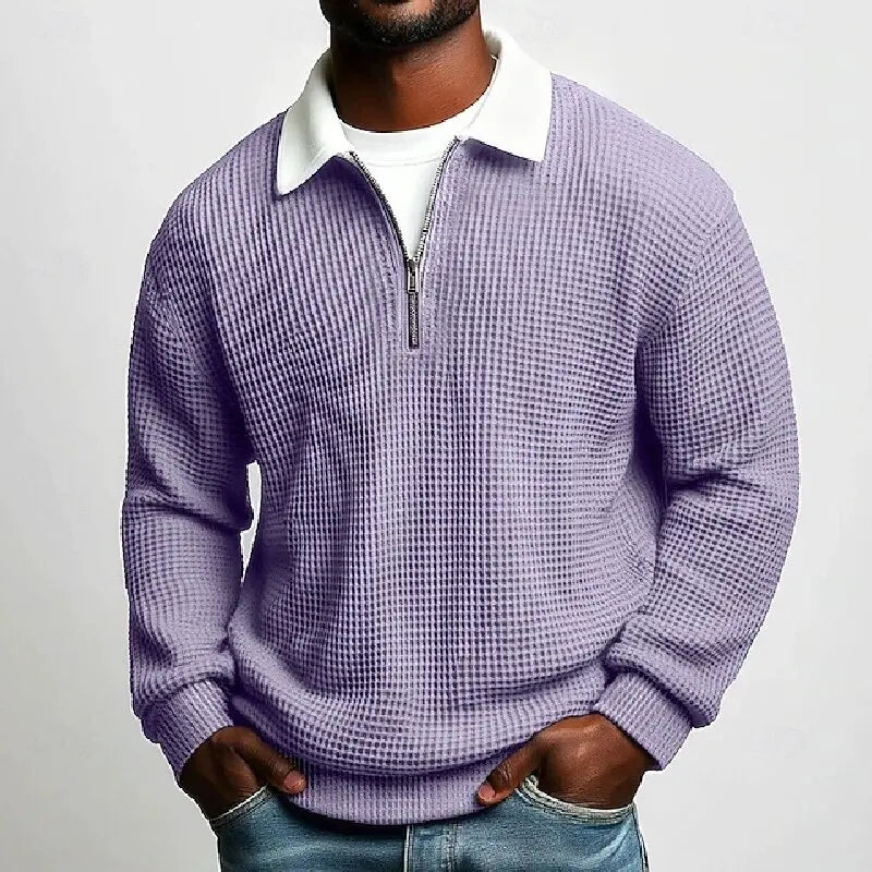 Men's Quarter Zip Polo Jumper with Textured Knit