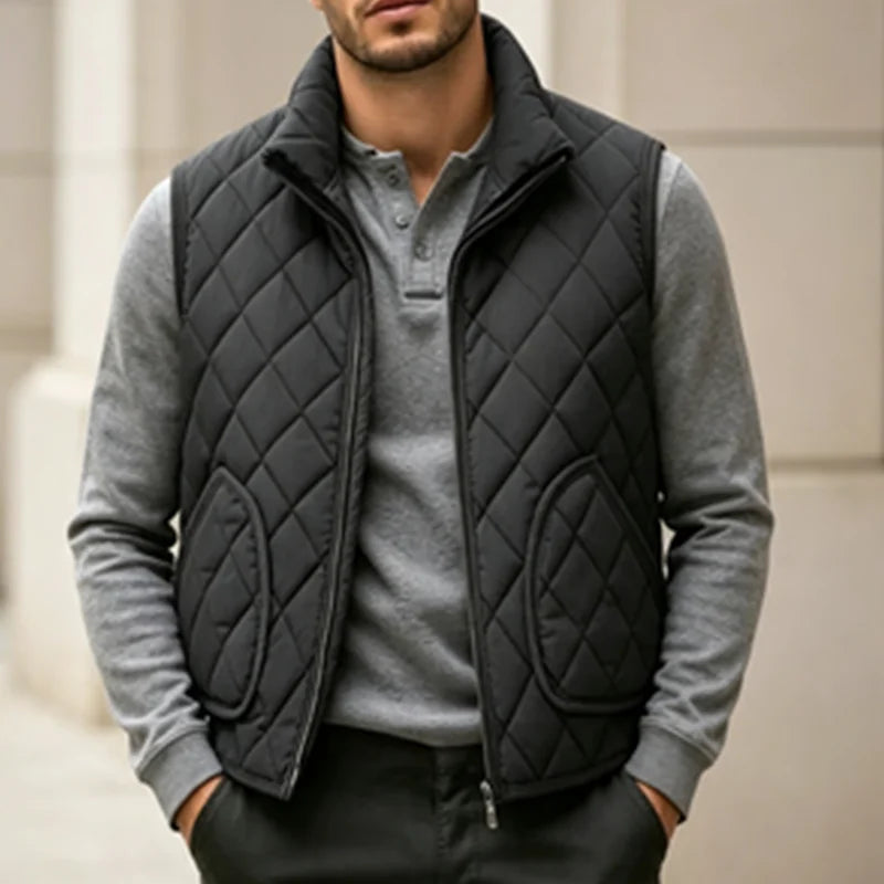 Men's Quilted Jacket – Long Sleeve Zip Front with Stand Collar and Pockets