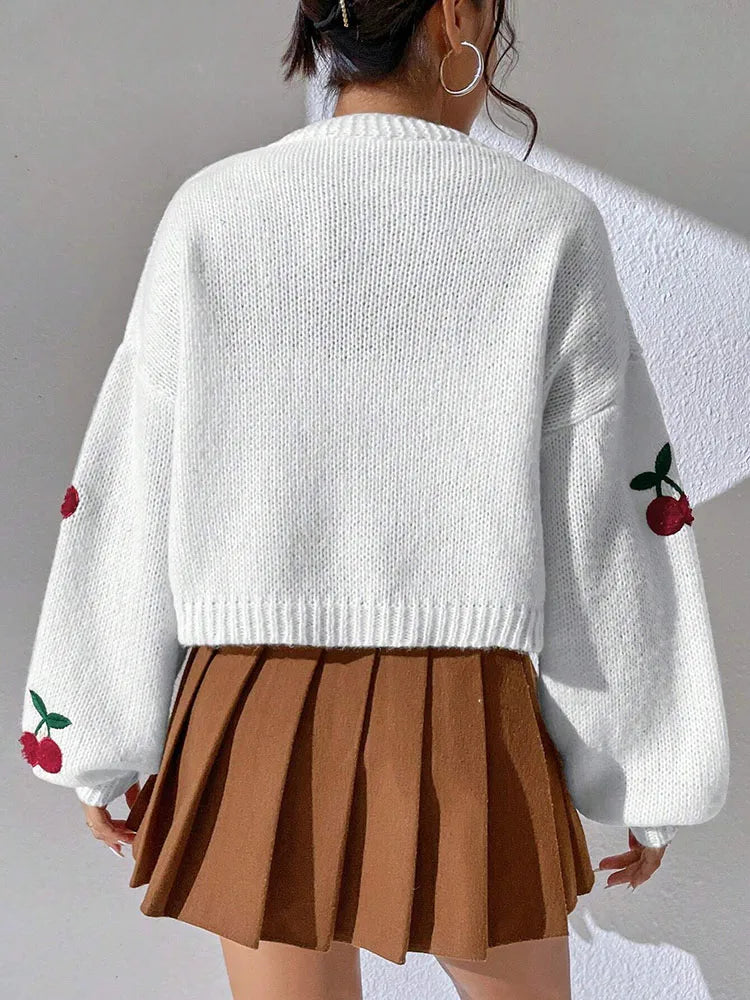 Women's Cherry Knit Cardigan – Button Front V Neck Jumper with Long Sleeves