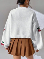 Women's Cherry Knit Cardigan – Button Front V Neck Jumper with Long Sleeves