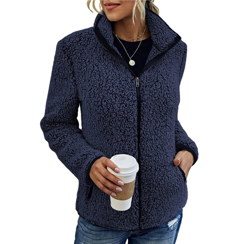 Women's Teddy Jacket – Full Zip High Collar Coat with Front Pockets
