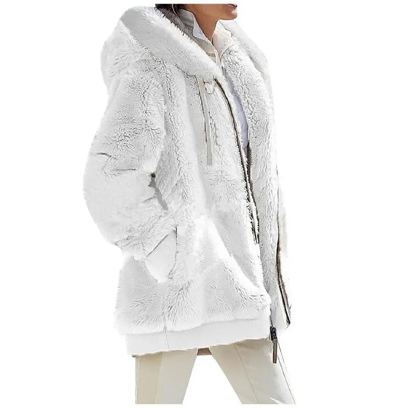 Women's Fleece Zip Up Teddy Coat – Hooded Plush Jacket for Cold Weather with Pockets