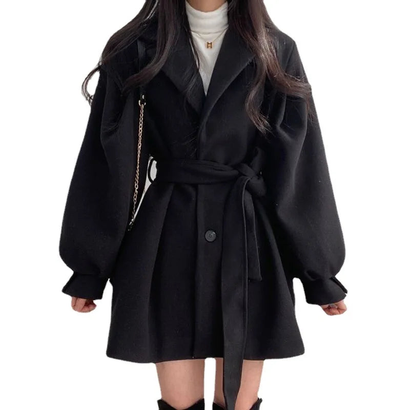 Women's Belted Double Breasted Coat – Long Sleeve Lapel Collar Button Front