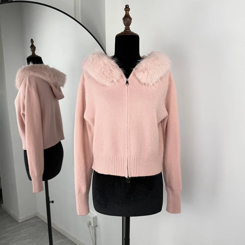 Women's Knitted Jumper with Fur Collar – Long Sleeve Zip Front Sweater