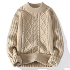 Men's Cable Knit Jumper with Textured Diamond Pattern and Ribbed Trims