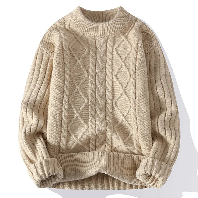 Men's Cable Knit Jumper with Textured Diamond Pattern and Ribbed Trims