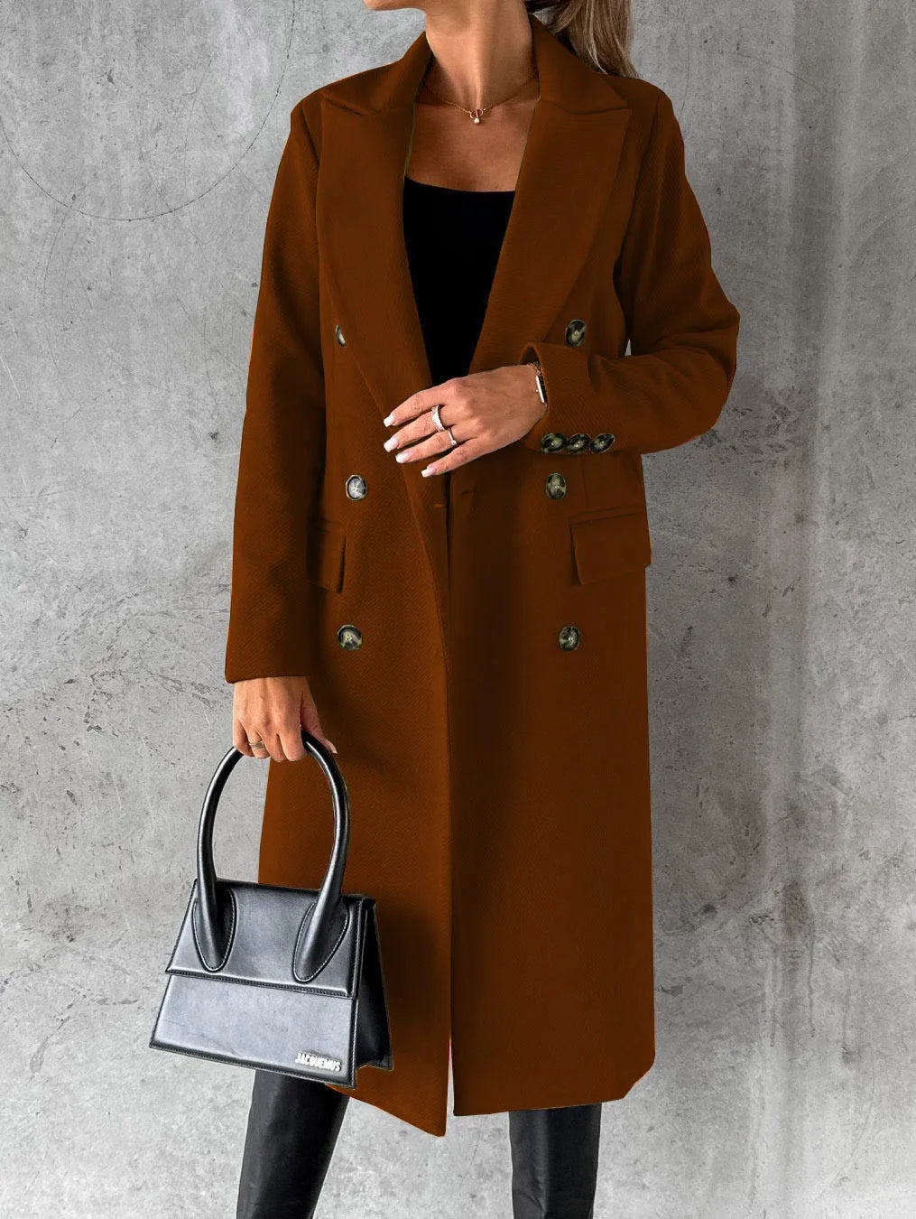 Women's Longline Double Breasted Coat – Long Sleeve Lapel Collar Button Front