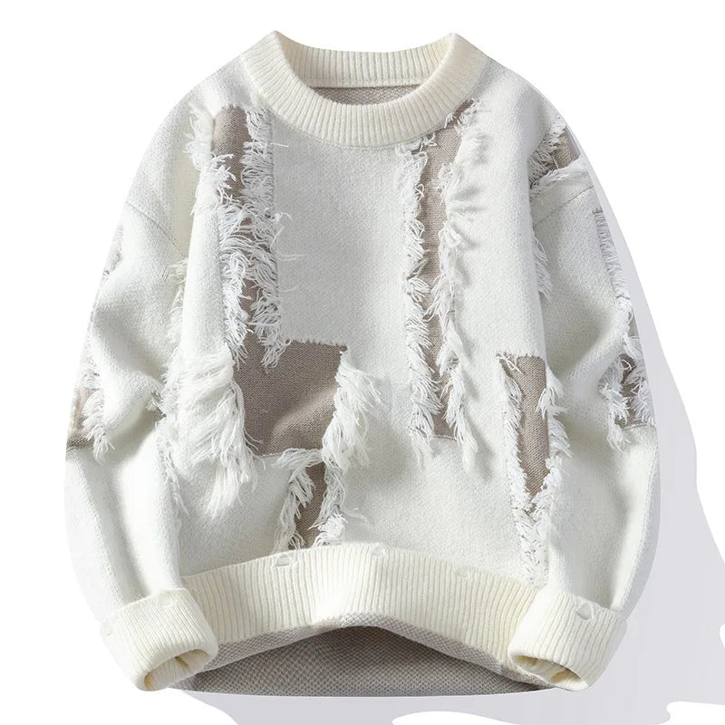 Men's Distressed Knit Jumper with Textured Panel Detail