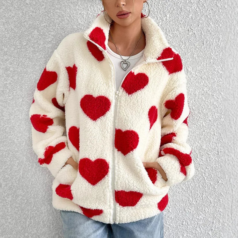 Women's Heart Print Zip Up Jacket – Long Sleeve Collared Casual Outerwear