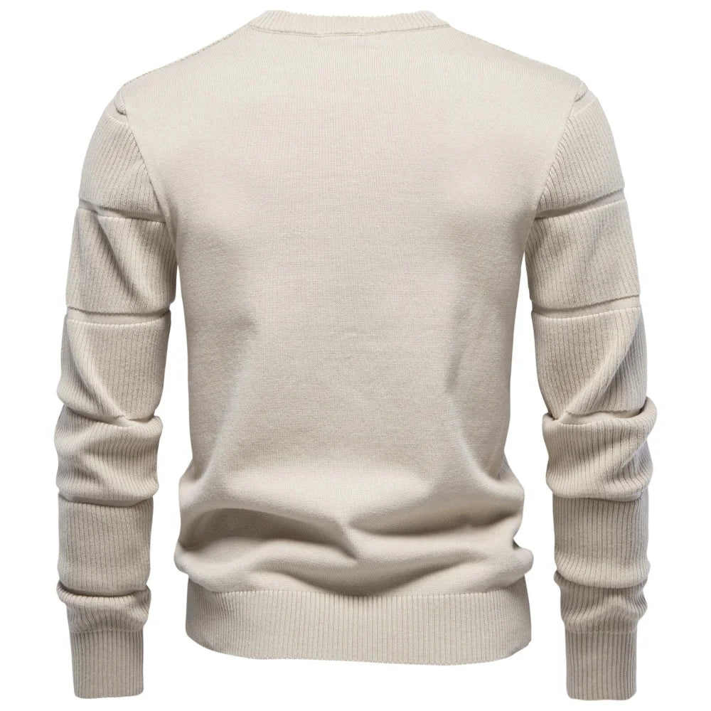 Men's Knitted Crew Neck Jumper – Long Sleeve Textured Sweater with Ribbed Trims