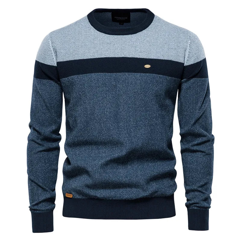 Men's Knitted Crew Neck Jumper – Long Sleeve Colour Block Sweater with Ribbed Cuffs and Hem