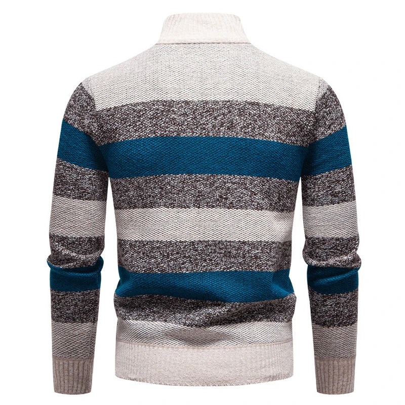 Men's Knitted Striped Quarter-Zip Jumper – Long Sleeve High Neck Pullover