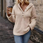 Women's Hooded Pullover Sweater – Button Neck Long Sleeve Jumper with Front Pockets