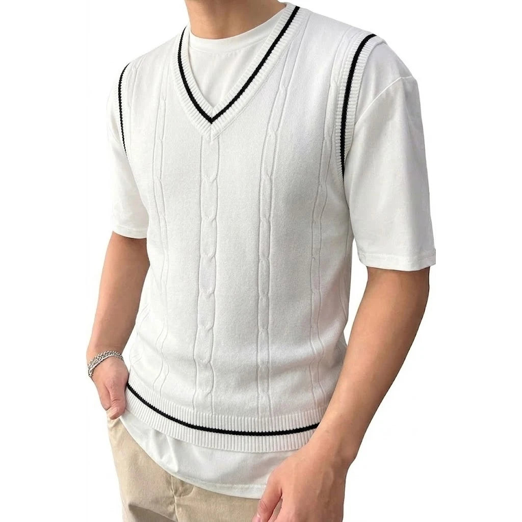 Men's Cable Knit Gilet with V Neck and Ribbed Trims