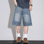Men's Relaxed Wide Leg Denim Shorts with Washed Detail