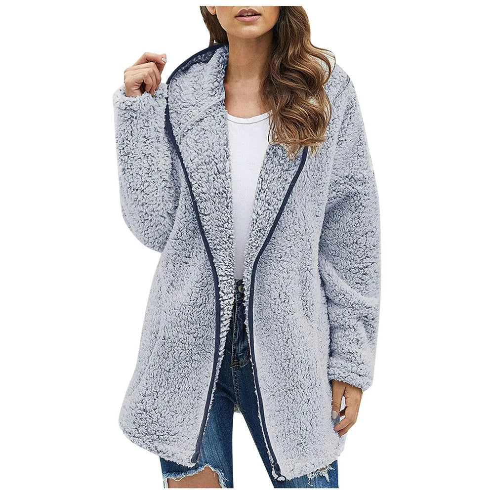 Women's Longline Teddy Fleece Coat – Open Front Jacket with Lapel Collar and Pockets