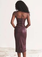 Spaghetti Strap Bodycon Midi Dress With Lace Up Back