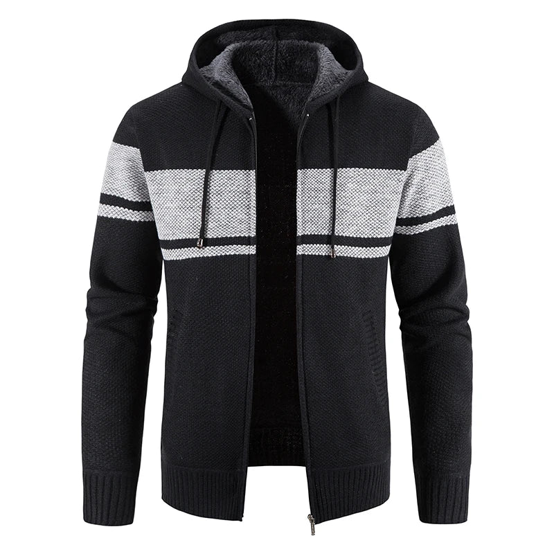 Men's Knitted Hooded Jacket – Full Zip Long Sleeve Striped Jumper