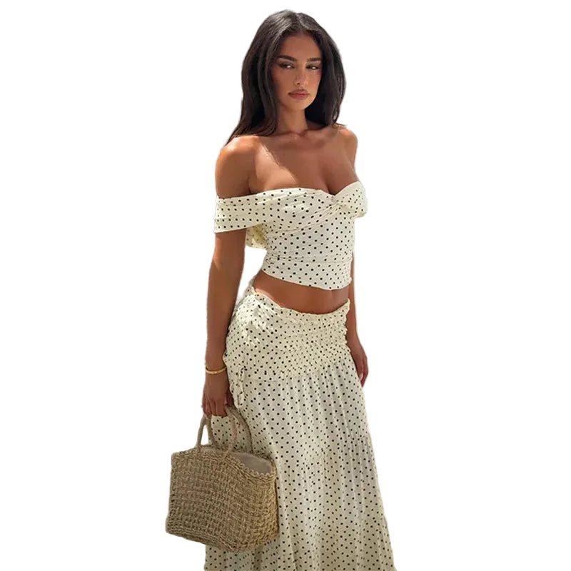 Women's Polka Dot Off Shoulder Maxi Skirt Set