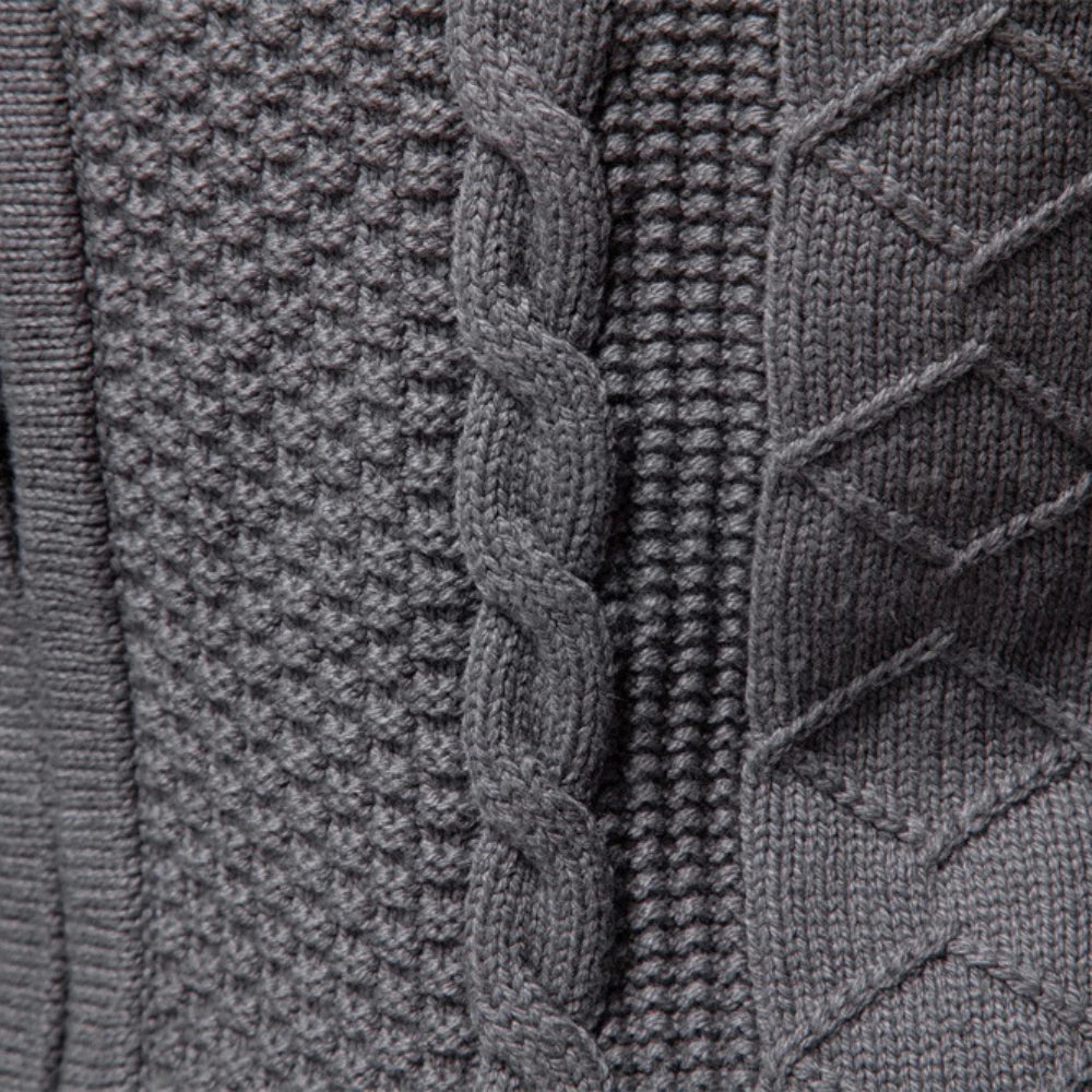 Men's Cable Knit Zip Cardigan with Ribbed Cuffs and Hem