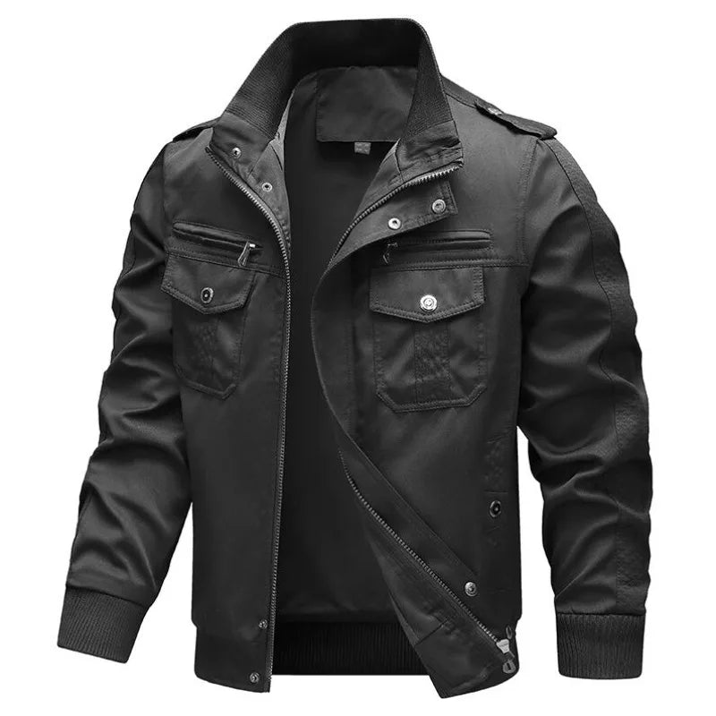 Men's Utility Field Jacket with High Collar, Long Sleeves and Multiple Front Pockets