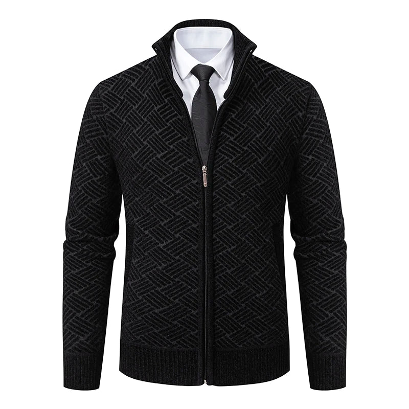 Men's Knitted Zip Cardigan – Long Sleeve Stand Collar Sweater with Geometric Pattern