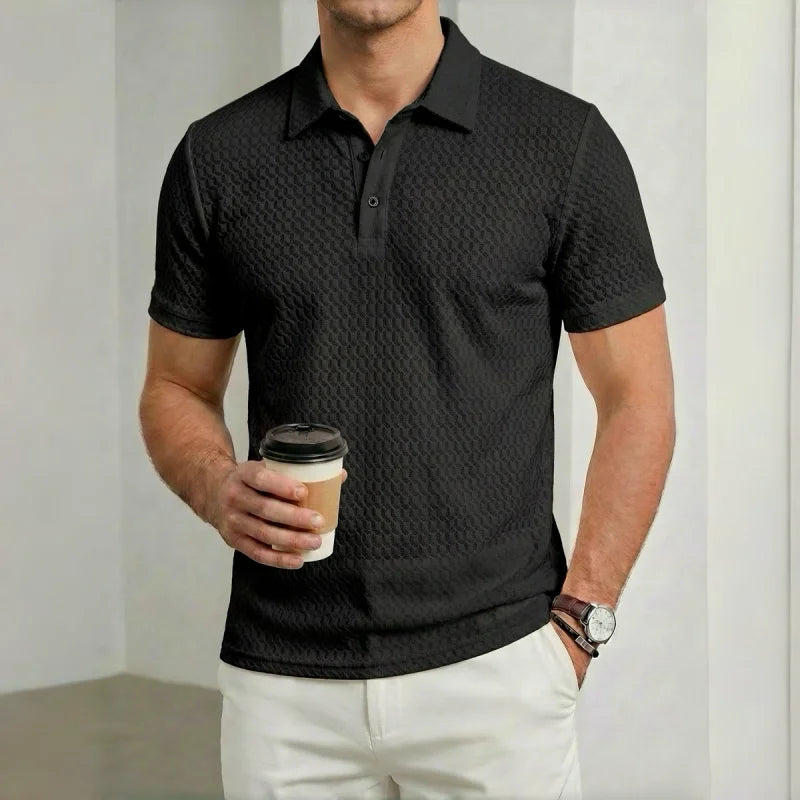 Men's Textured Short Sleeve Polo Shirt with Button Placket