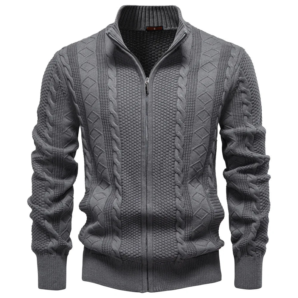 Men's Cable Knit Stand Collar Zip Jumper