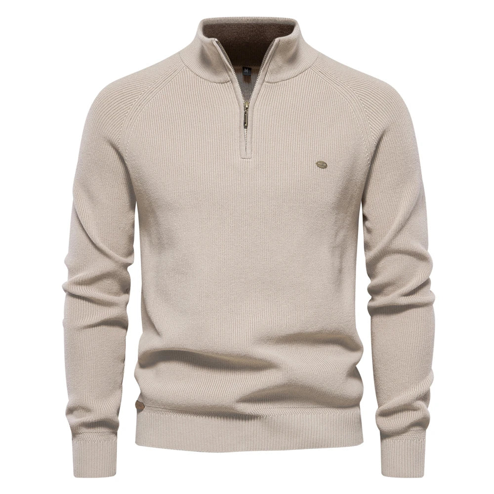 Men's Mock Neck Zip Sweater with Long Sleeve Design