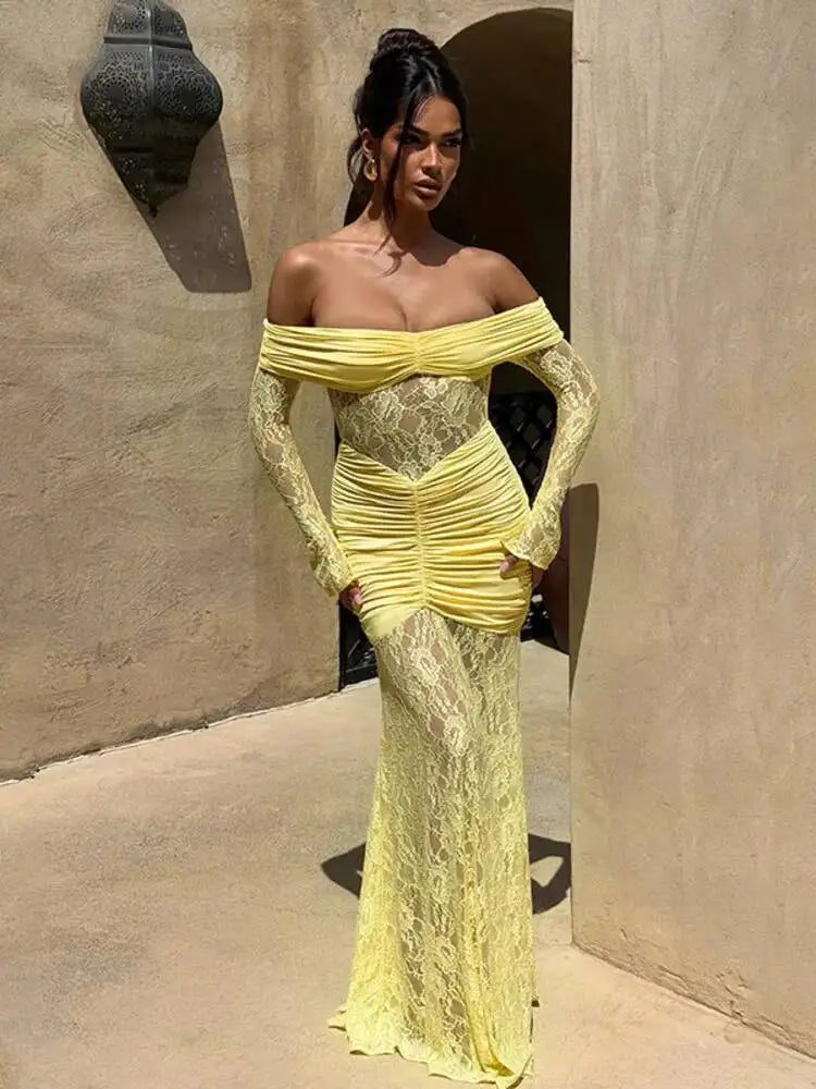 Off Shoulder Bodycon Maxi Dress With Sheer Skirt – Fayviora
