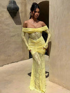 Off Shoulder Bodycon Maxi Dress With Sheer Skirt