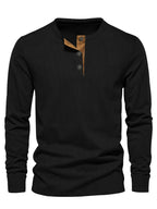 Men's Button Neck Long Sleeve Pullover Shirt with Ribbed Design