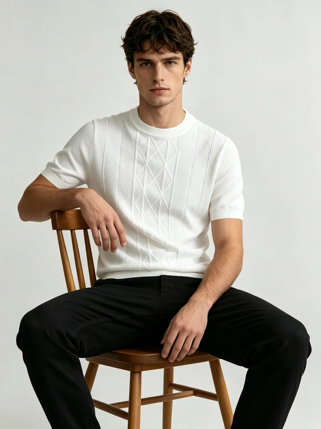 Men's Short Sleeve Cable Detail Top