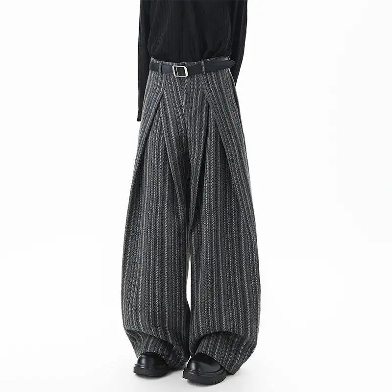Men's Pleated Wide Leg Pinstripe Full Length Trousers
