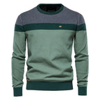 Men's Knitted Crew Neck Jumper – Long Sleeve Colour Block Sweater with Ribbed Cuffs and Hem