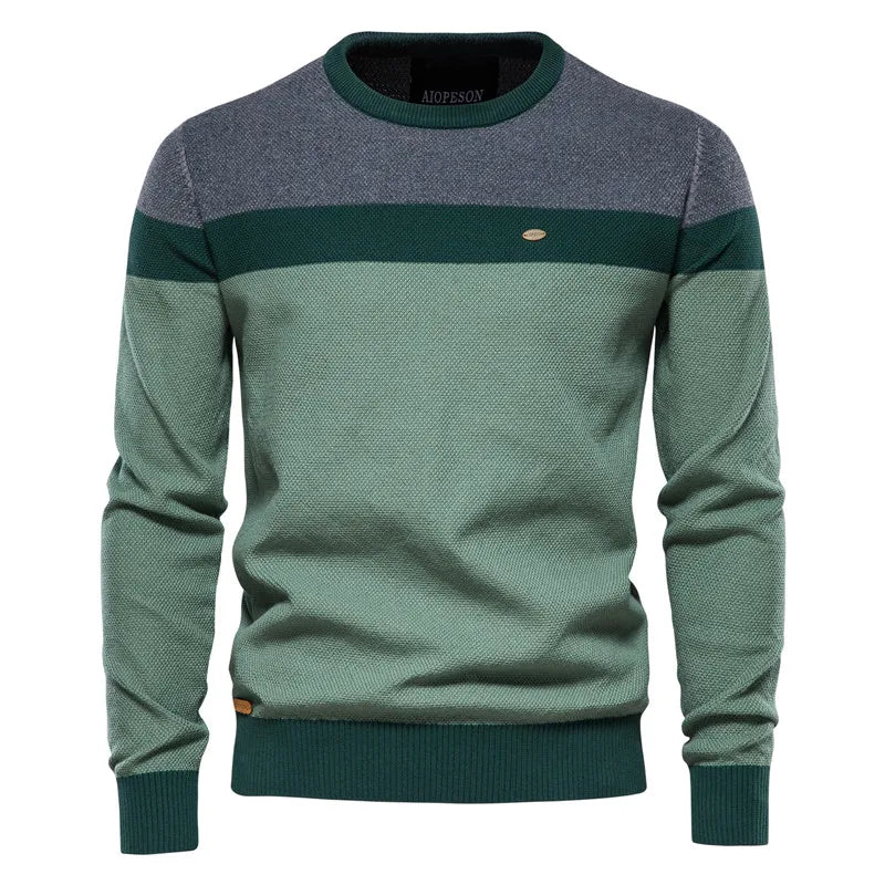 Men's Knitted Crew Neck Jumper – Long Sleeve Colour Block Sweater with Ribbed Cuffs and Hem