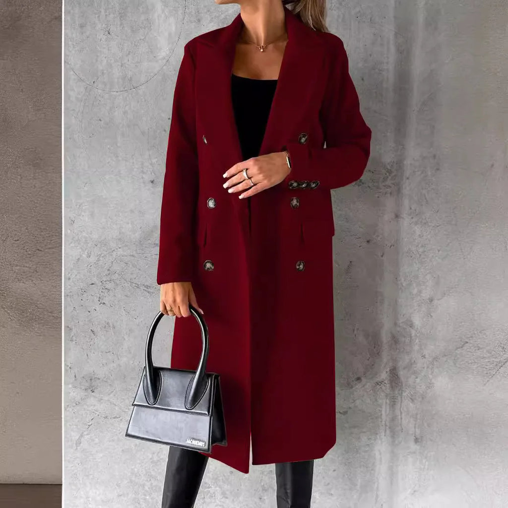 Women's Longline Double Breasted Coat – Long Sleeve Lapel Collar Button Front