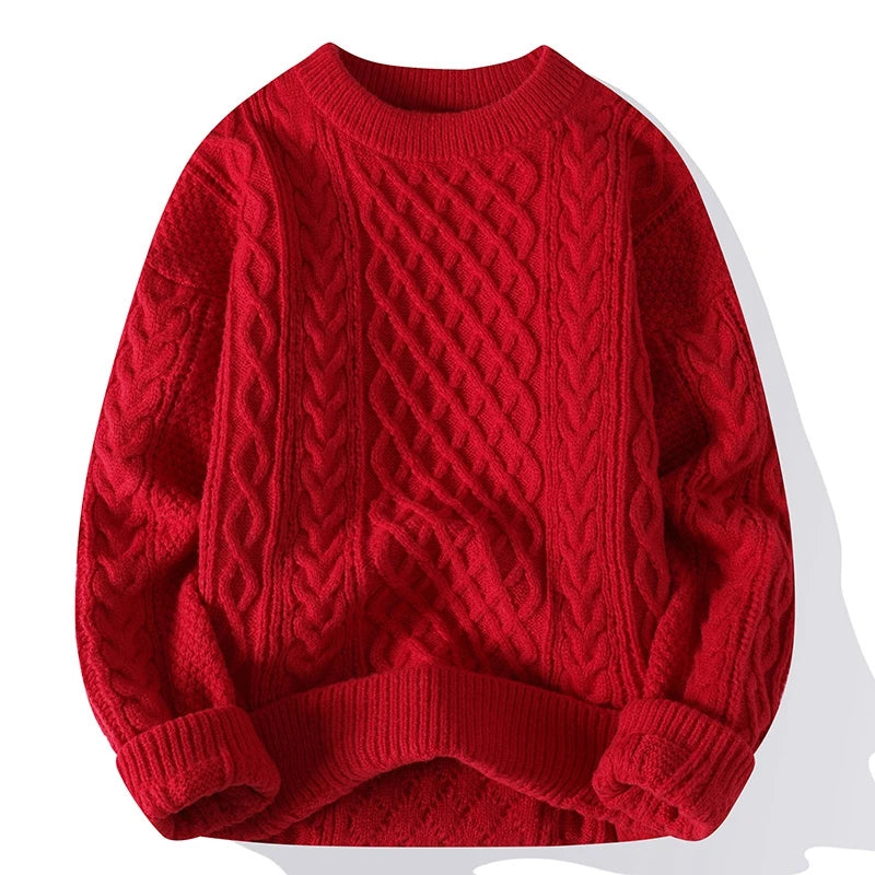 Men's Cable Knit Jumper with Crew Neck and Ribbed Trims