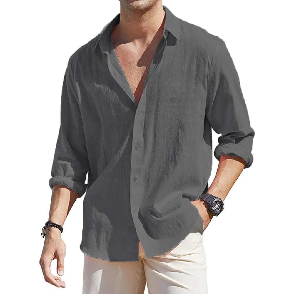 Men's Linen Blend Button Up Long Sleeve Collared Shirt