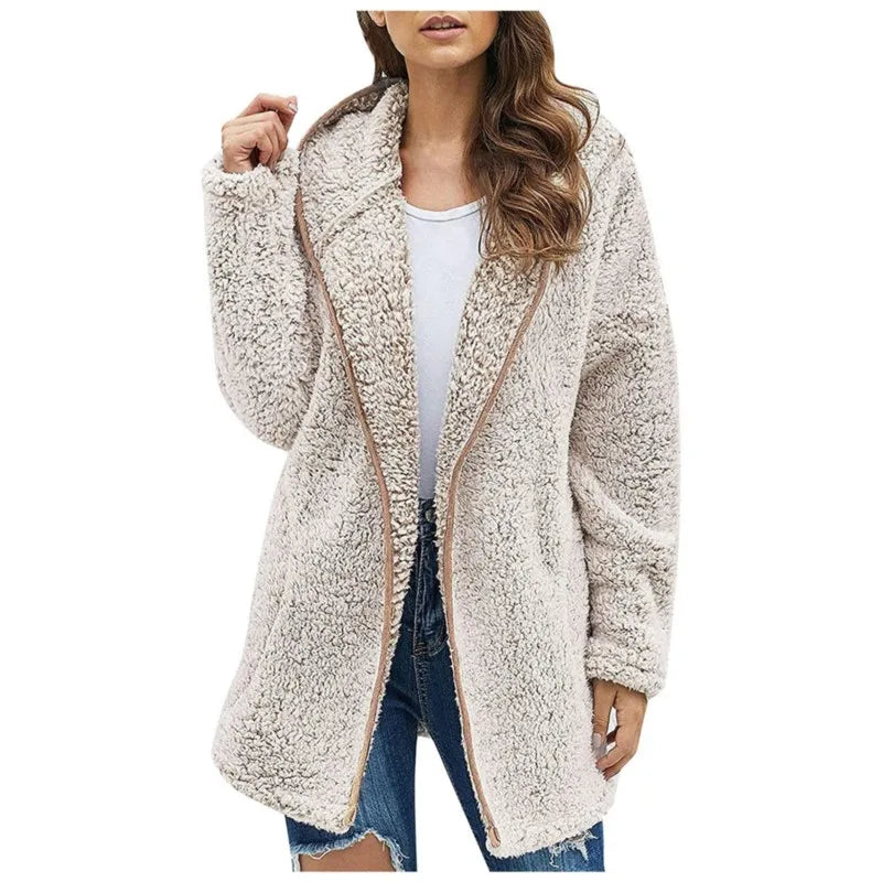 Women's Longline Teddy Fleece Coat – Open Front Jacket with Lapel Collar and Pockets