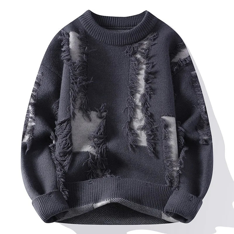 Men's Distressed Knit Jumper with Textured Panel Detail