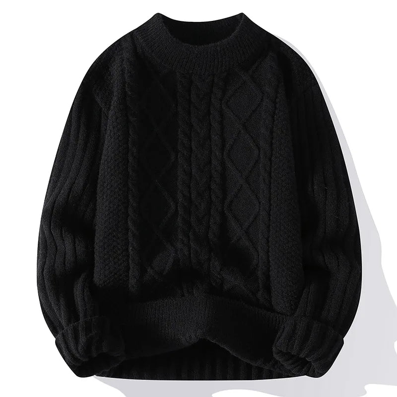 Men's Cable Knit Jumper with Textured Diamond Pattern and Ribbed Trims