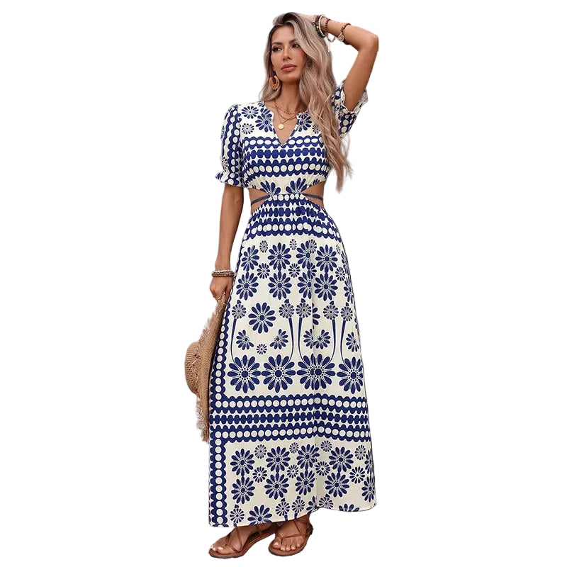 Women's Printed Cutout Waist Maxi Dress