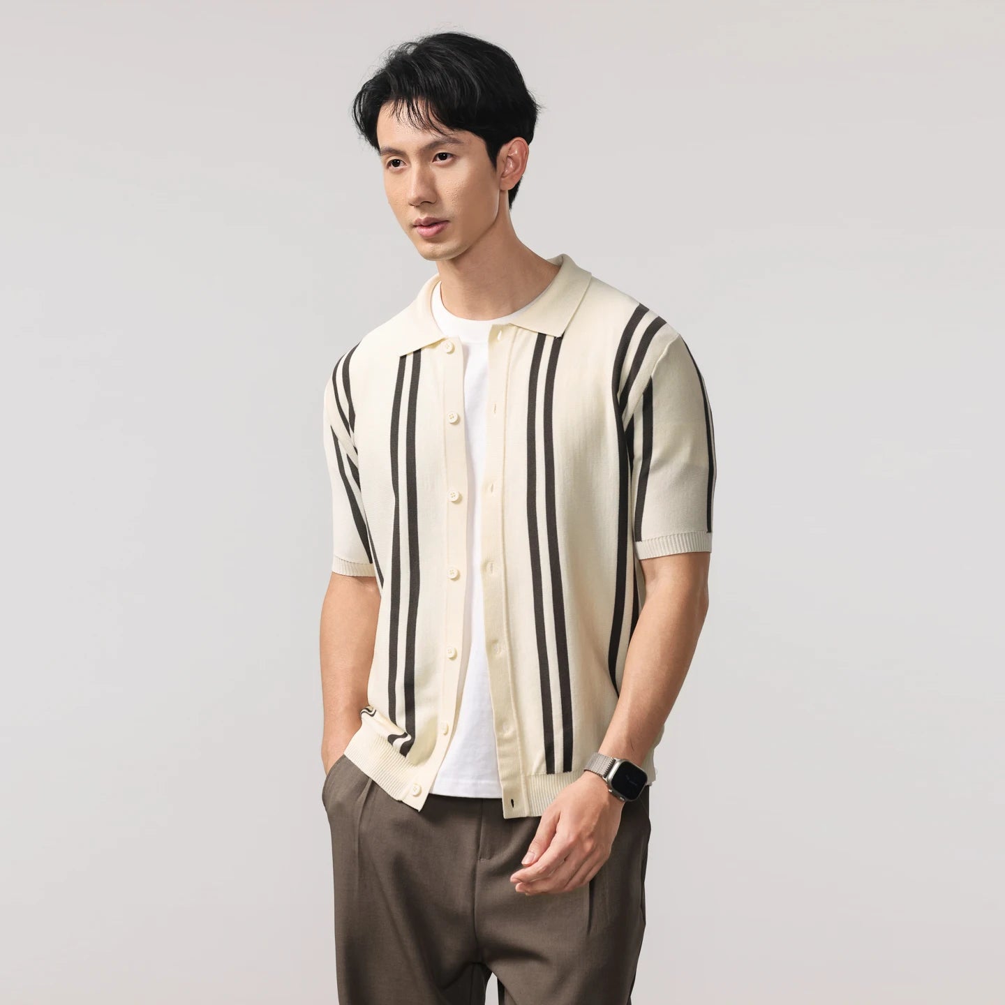Contrast Stripe Button Up Knit Top