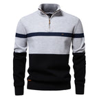 Men's Knitted Quarter-Zip Jumper with High Neck and Striped Colour-Block Design
