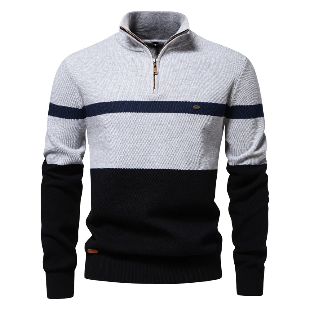 Men's Knitted Quarter-Zip Jumper with High Neck and Striped Colour-Block Design